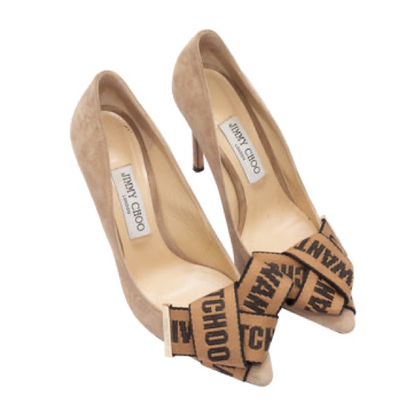 Beige Jimmy Choo Suede Pointed-Toe Bow Pumps Sz 38.5